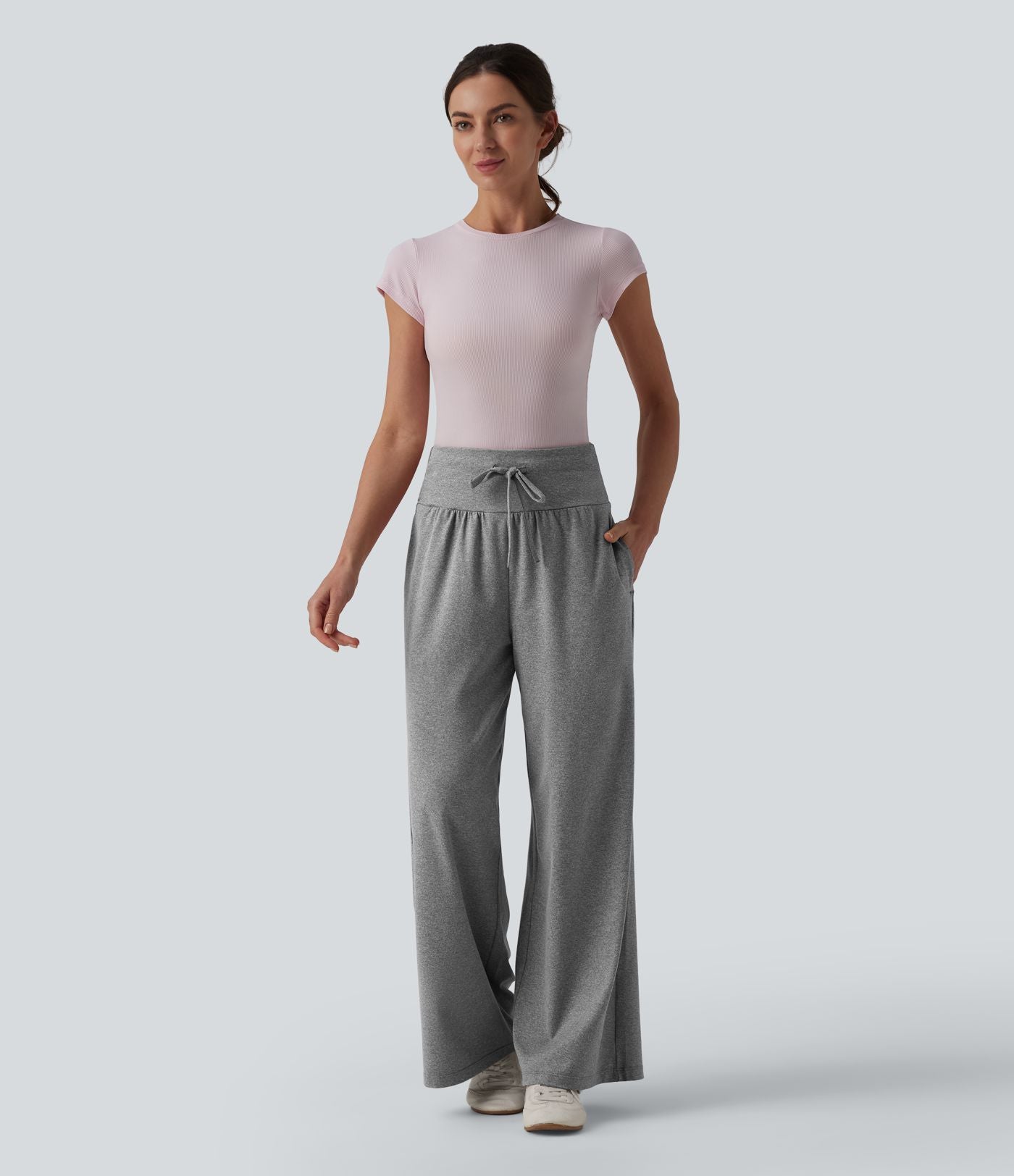 Pantalon casual large gainant taille haute à cordon de serrage avec poches