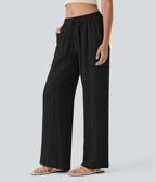 Pantalon baggy large casual effet lin taille basse avec cordon et poches