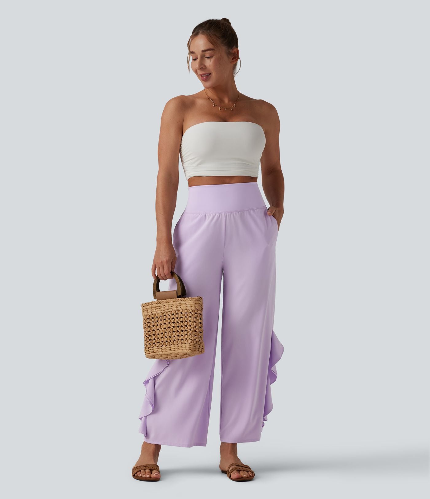 Pantalon large séchage rapide Breezeful™ taille haute à volants avec poches