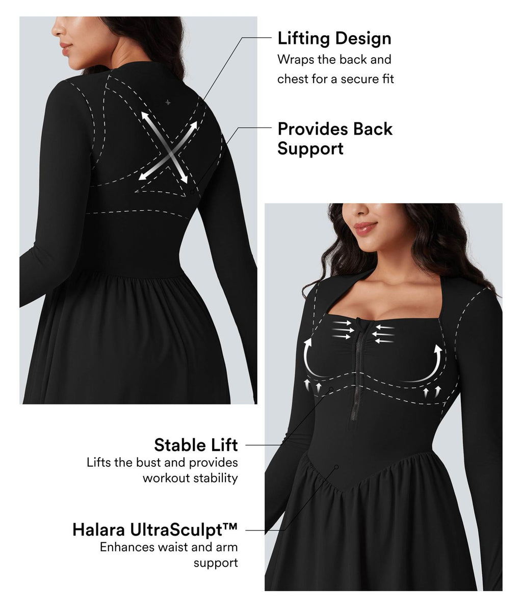 Robe de tennis active courte Halara UltraSculpt™ push-up 2-en-1 manches longues avec trous pouces et poche
