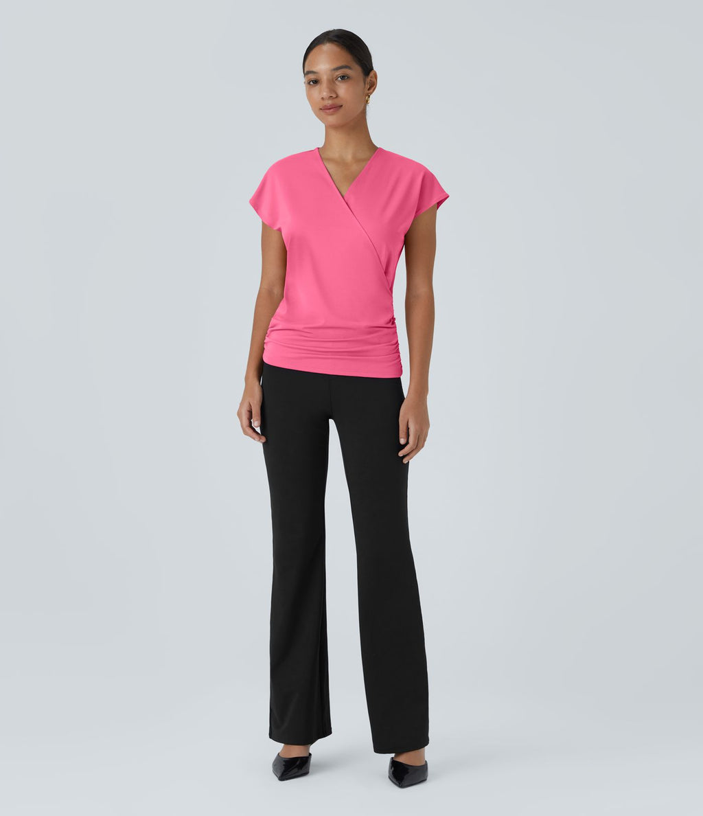 Blouse Travail Unie Froncée Croisée Manches Courtes Col en V