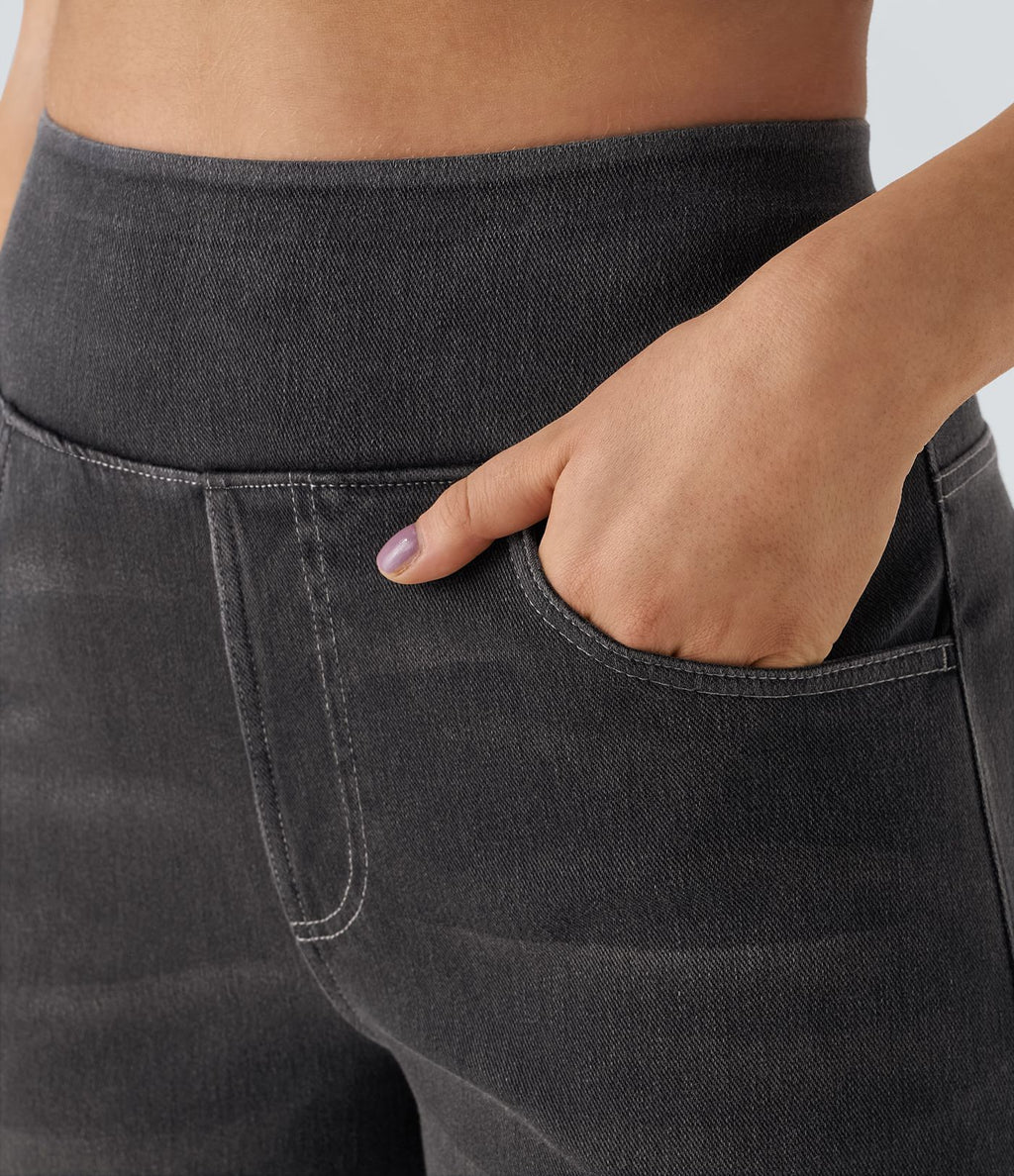 Halara Flex™ Jean Large Casual Taille Haute Poches Multiples Tricot Extensible Délavé