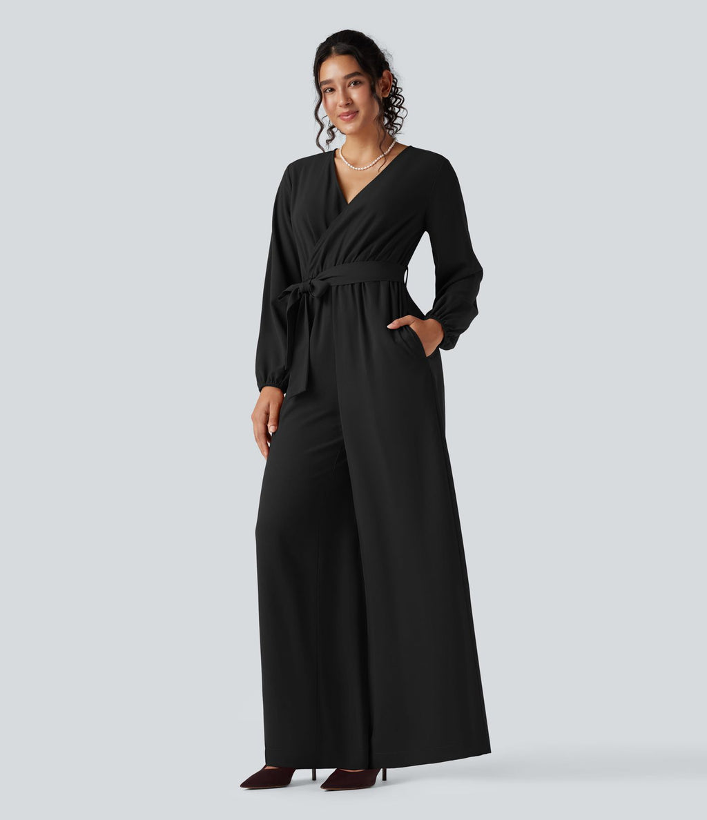 Combinaison pantalon de soirée large à décolleté en V, manches longues bouffantes, ceinture et poches