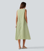 Robe débardeur midi décontractée en vichy froissé, col rond, sans manches, à poches