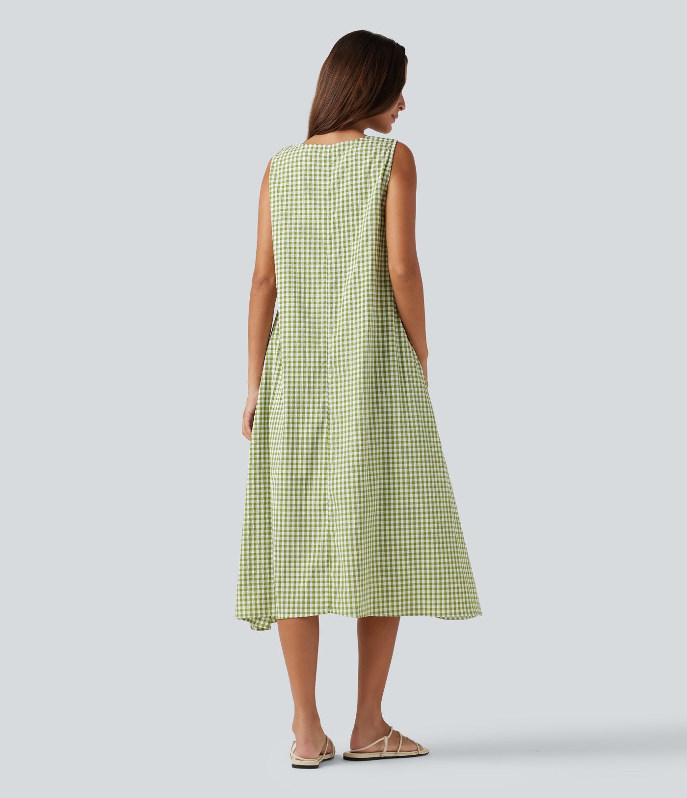 Robe débardeur midi décontractée en vichy froissé, col rond, sans manches, à poches