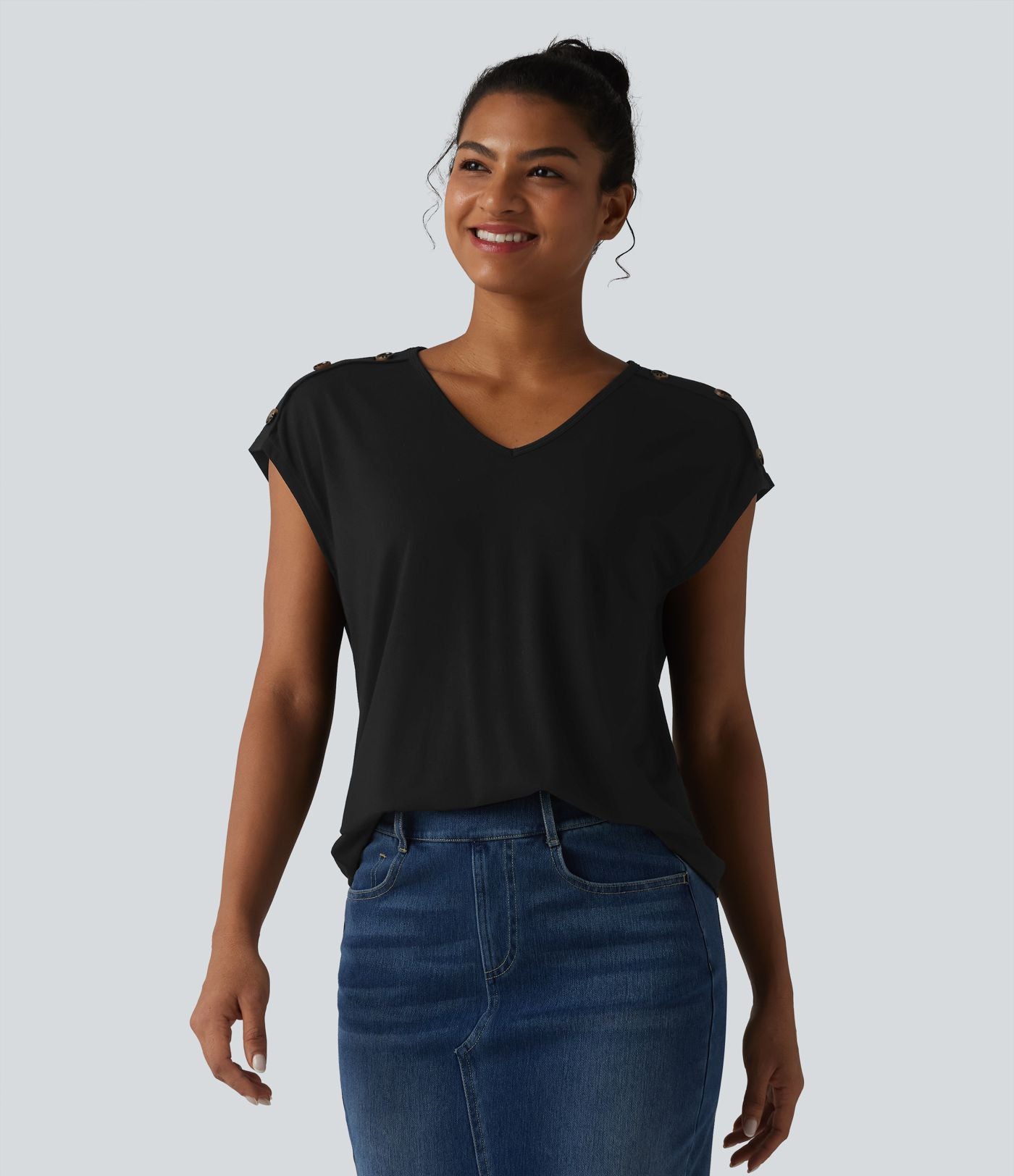 T-shirt décontracté col V manches courtes boutons décoratifs