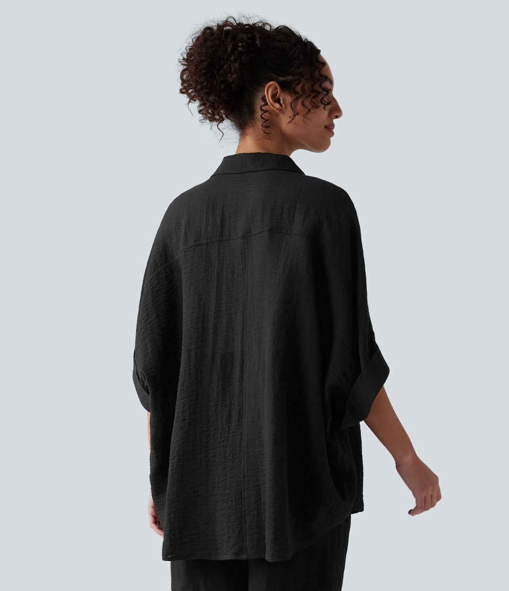 Chemise décontractée effet lin à manches mi-longues avec poche