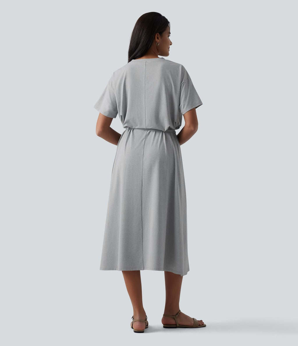 Robe T-shirt casual midi fluide col rond manches courtes avec ceinture et poches
