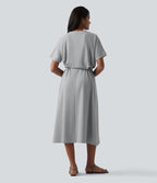 Robe T-shirt casual midi fluide col rond manches courtes avec ceinture et poches