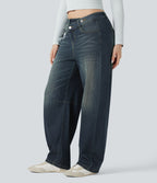 Jean Barrel Halara Flex™ asymétrique délavé taille mi-haute avec poches
