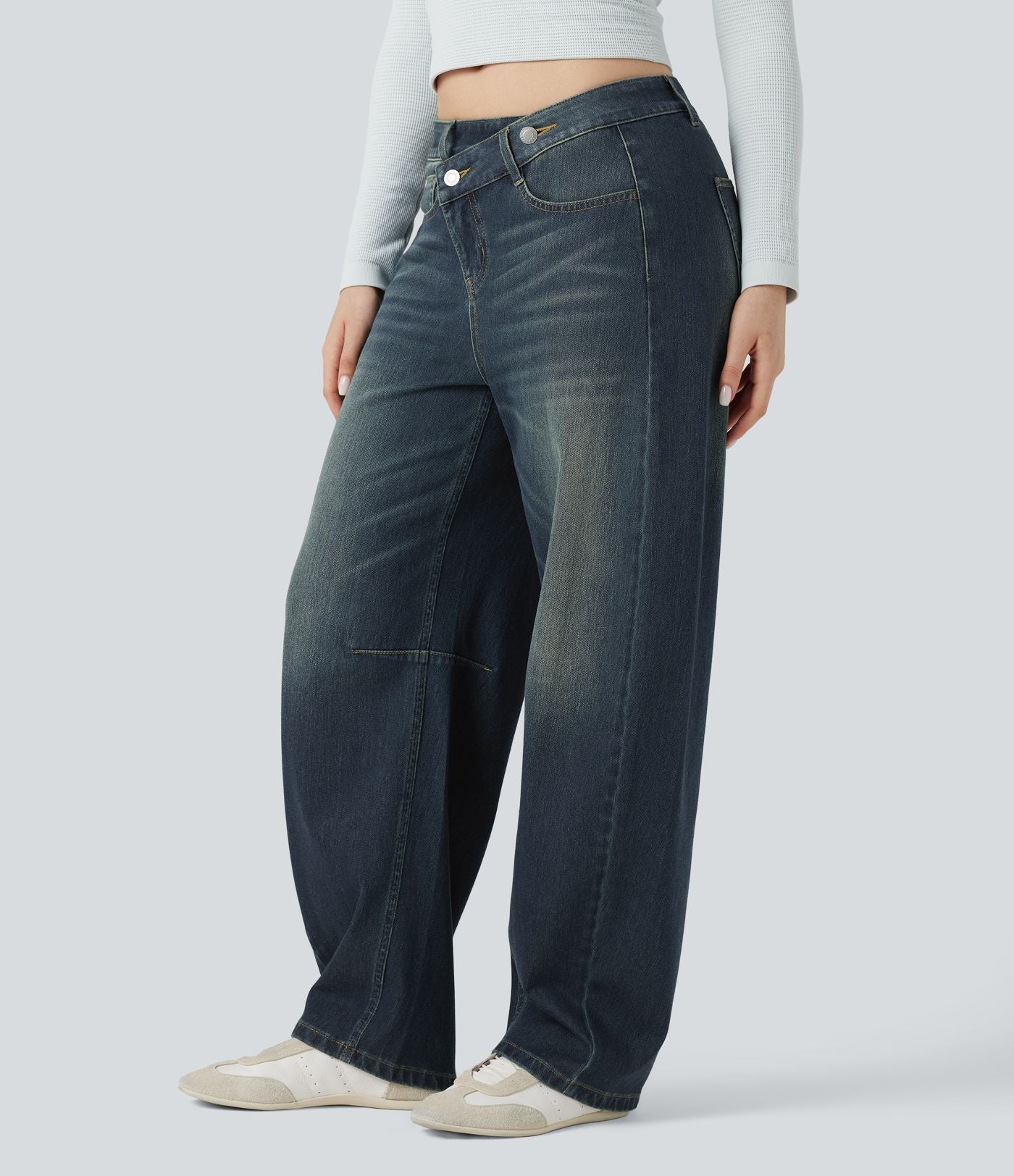 Jean Barrel Halara Flex™ asymétrique délavé taille mi-haute avec poches