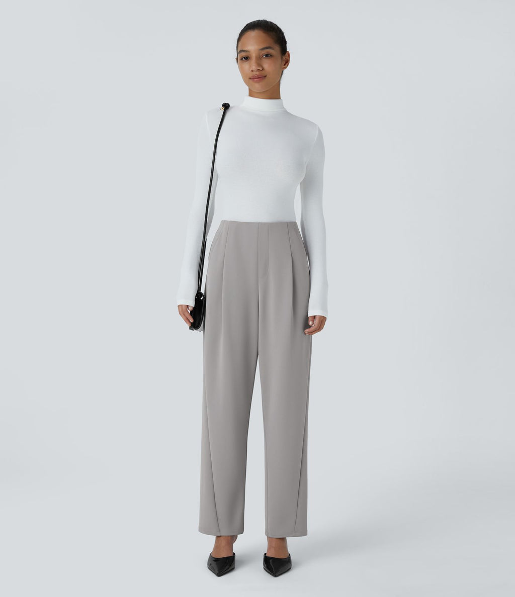 Pantalon décontracté barrel droit en crêpe, taille haute, avec poches