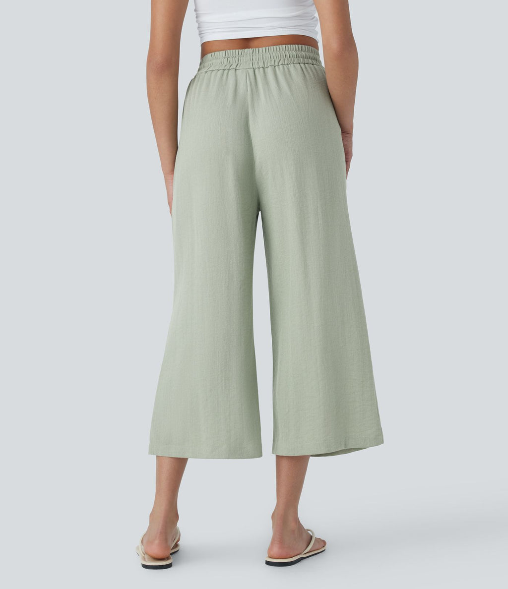 Pantalon décontracté aspect lin 7/8 à taille haute, jambe large avec cordon de serrage et poches latérales