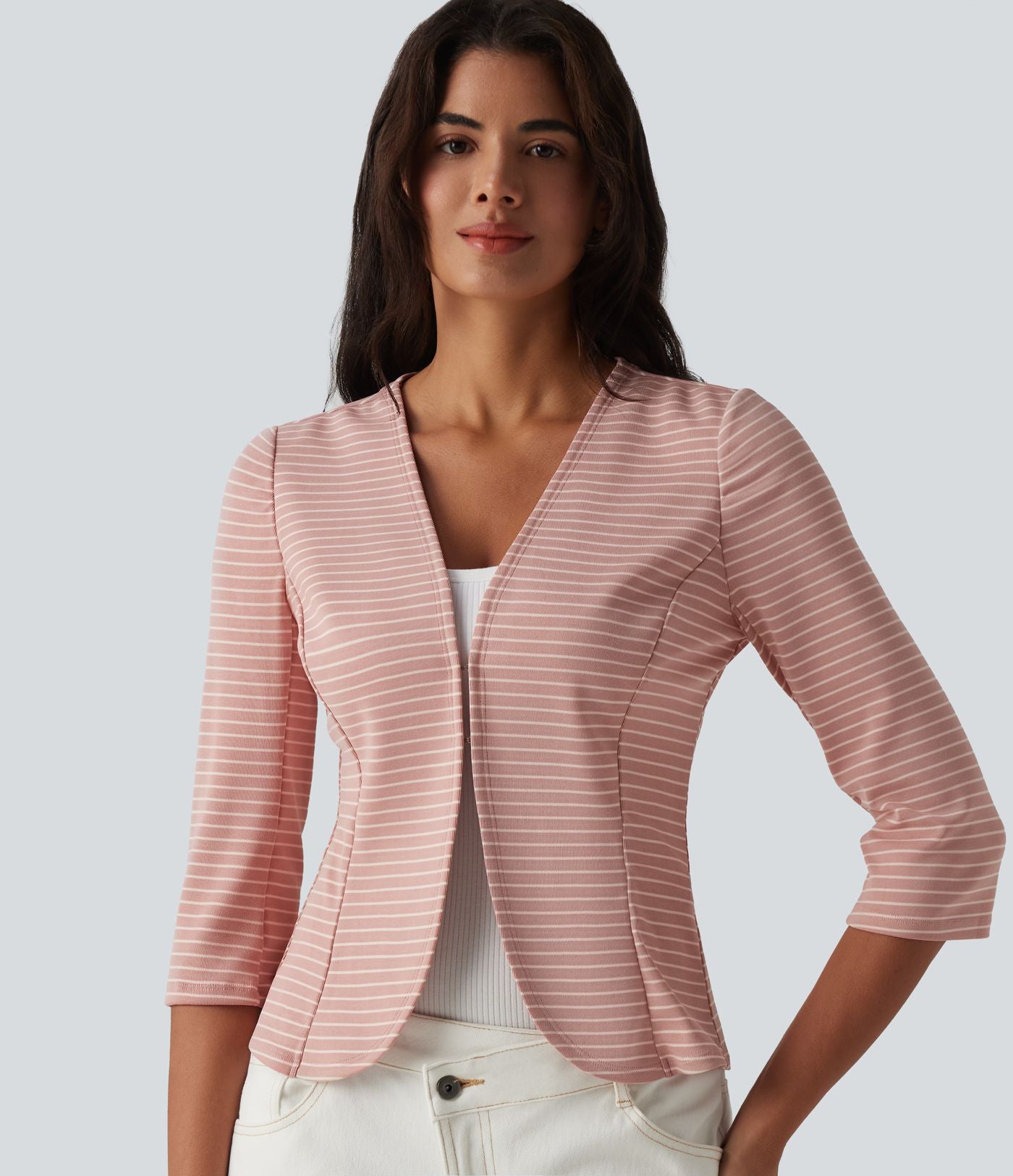 Blazer casual ouvert col V manches 3/4 à rayures en maille côtelée