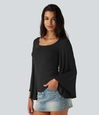 T-shirt côtelé à encolure carrée avec manches 7/8 volantées et fronces