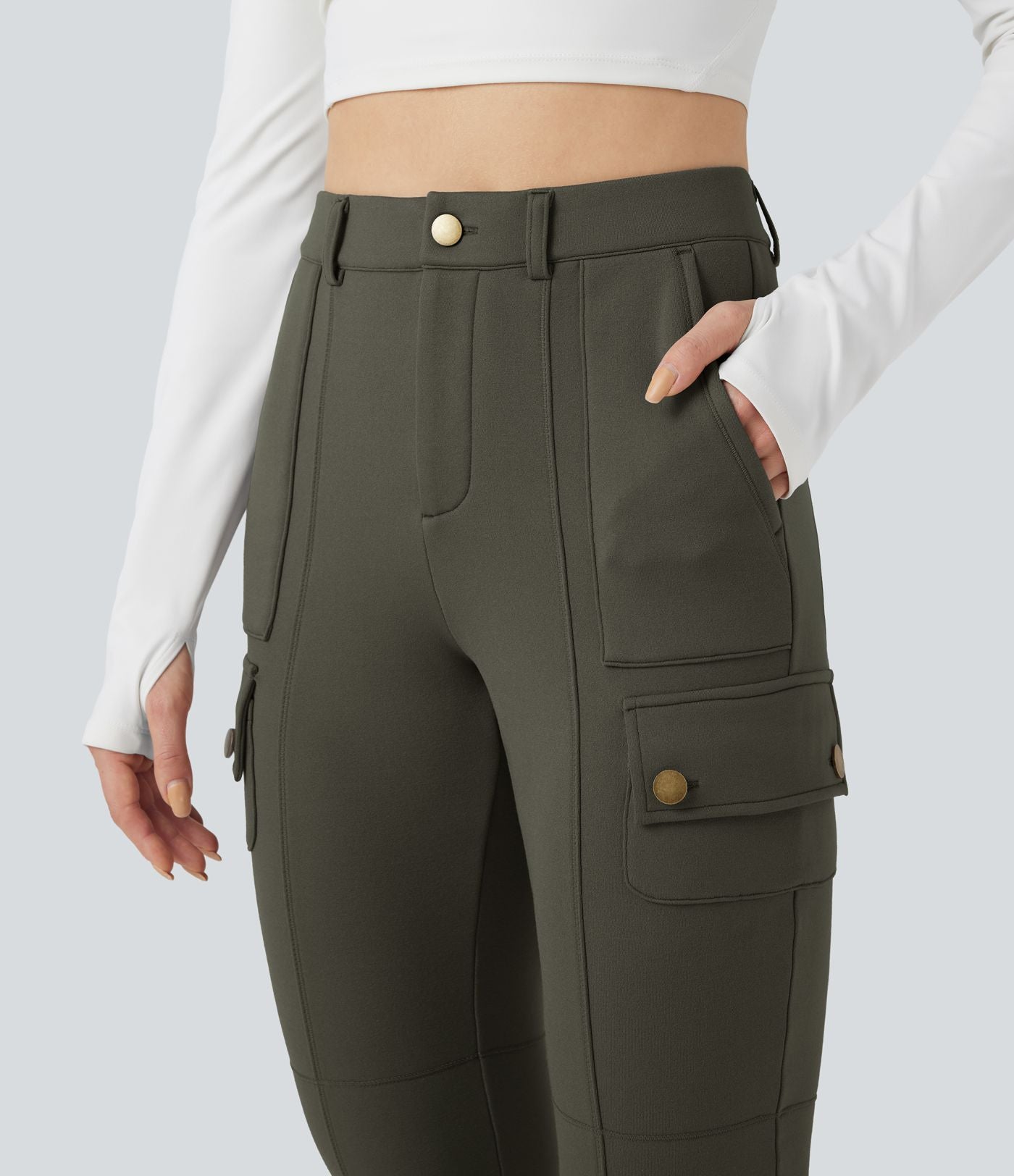 Pantalon cargo de randonnée ajusté polaire taille haute avec poches