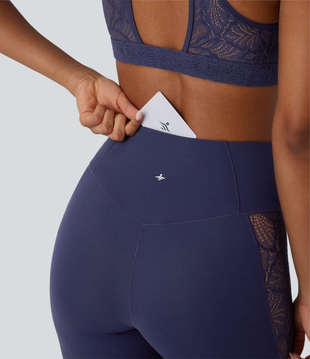 Softlyzero™ Legging Yoga 7/8 Taille Haute avec Poche au Dos Découpe Croisée et Dentelle Contrastante