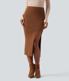 Jupe pull mi-longue moulante fendue taille haute