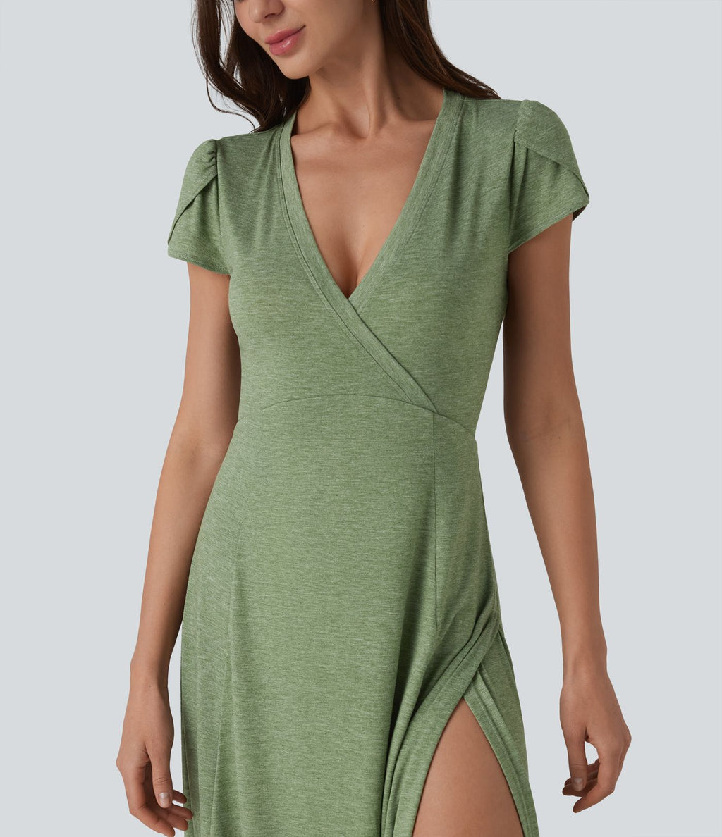 Robe longue fluide col V manches courtes