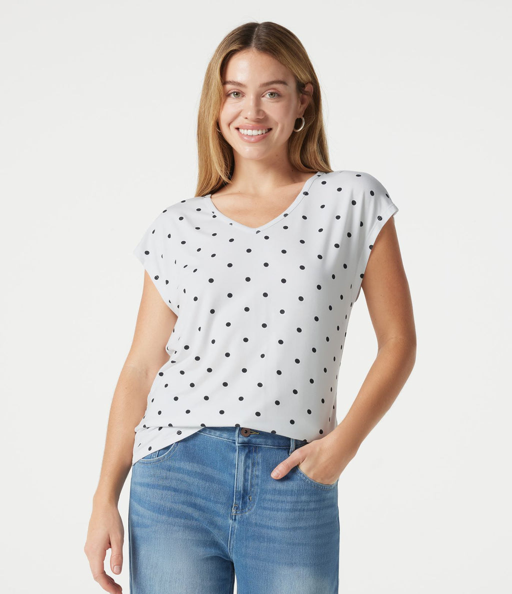 T-shirt casual col V à manches courtes à pois