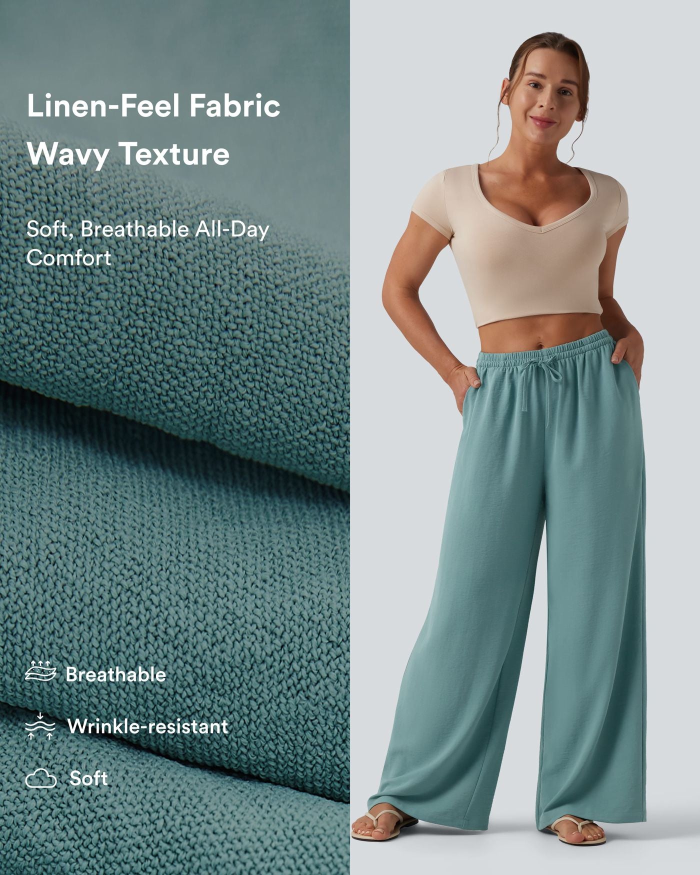 Pantalon large décontracté taille mi-haute avec cordon de serrage aspect lin avec poches