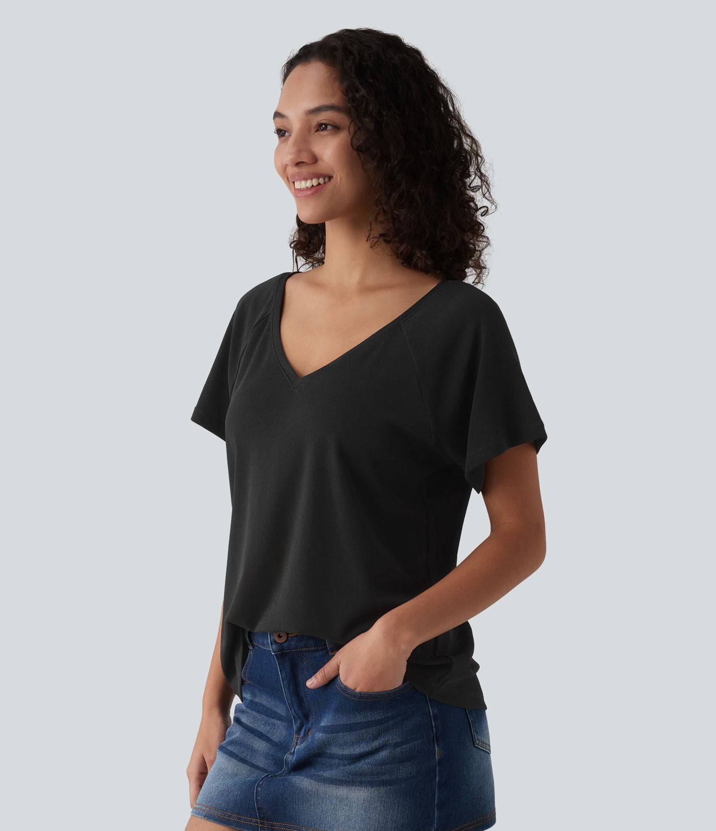 T-shirt casual col V manches raglan courtes coupe ample