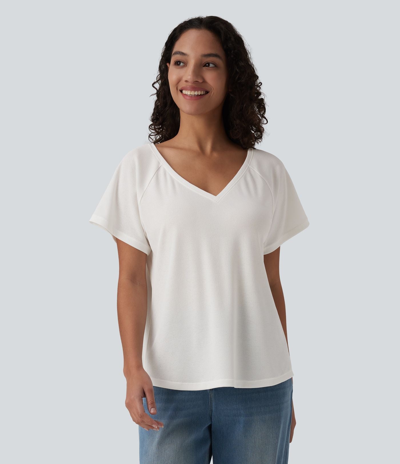 T-shirt casual col V manches raglan courtes coupe ample