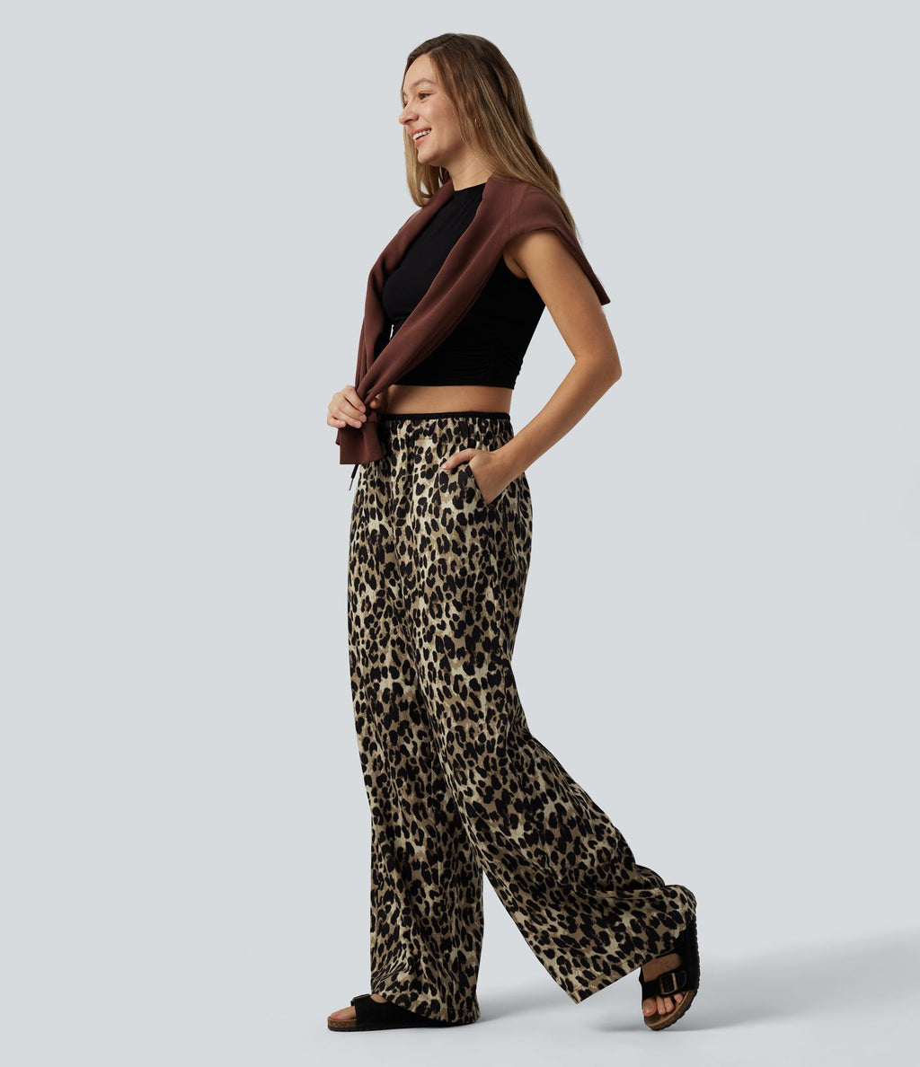 Pantalon large décontracté imprimé léopard taille basse avec cordon de serrage et poches