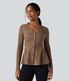 Veste daim col V ourlet à volants manches longues