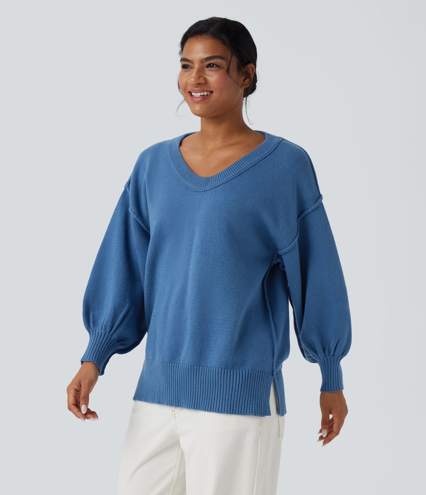 Pull casual col V épaules tombantes manches longues avec fentes