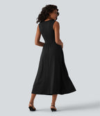 Robe midi casual fluide sans manches à col rond avec poches