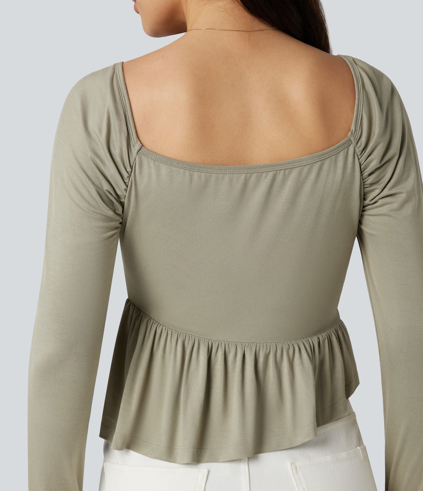 T-shirt décolleté carré à manches longues avec ourlet à volants