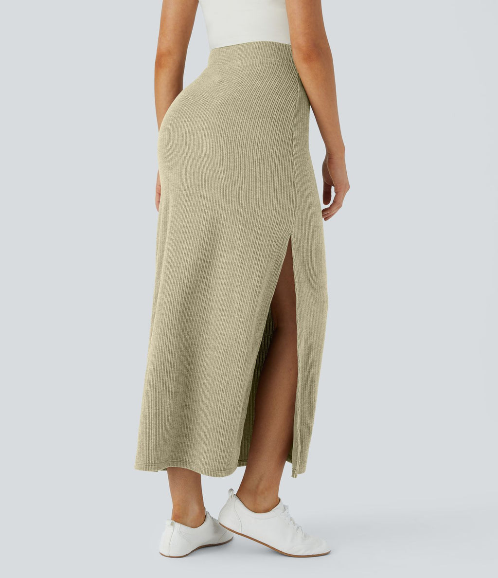 Jupe Casual Maxi à Taille Haute et Ourlet Fendu en A-Line en Côtes