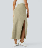 Jupe Casual Maxi à Taille Haute et Ourlet Fendu en A-Line en Côtes
