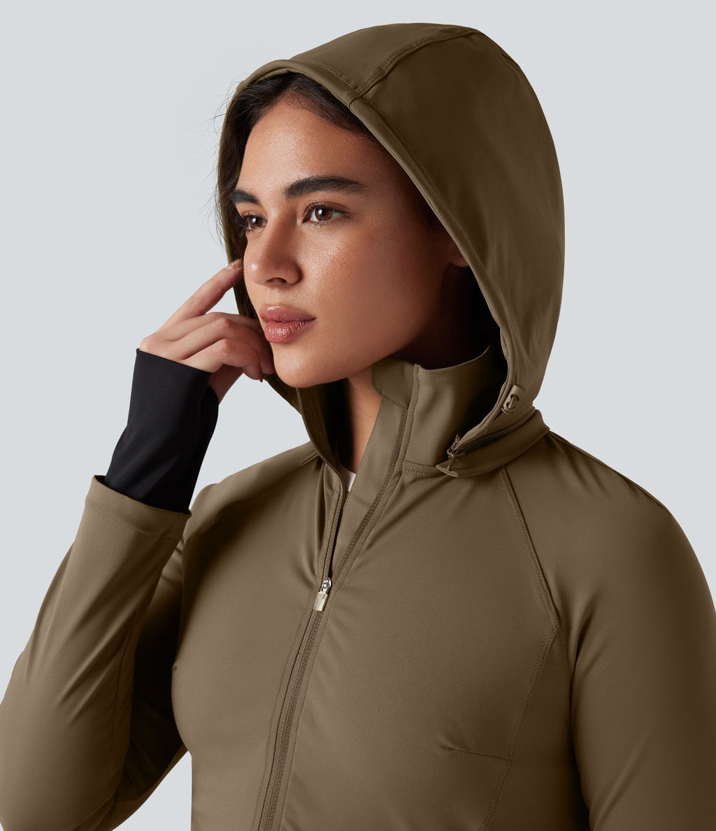 Veste randonnée capuche amovible double zip cordon de serrage avec trous pouces et poches
