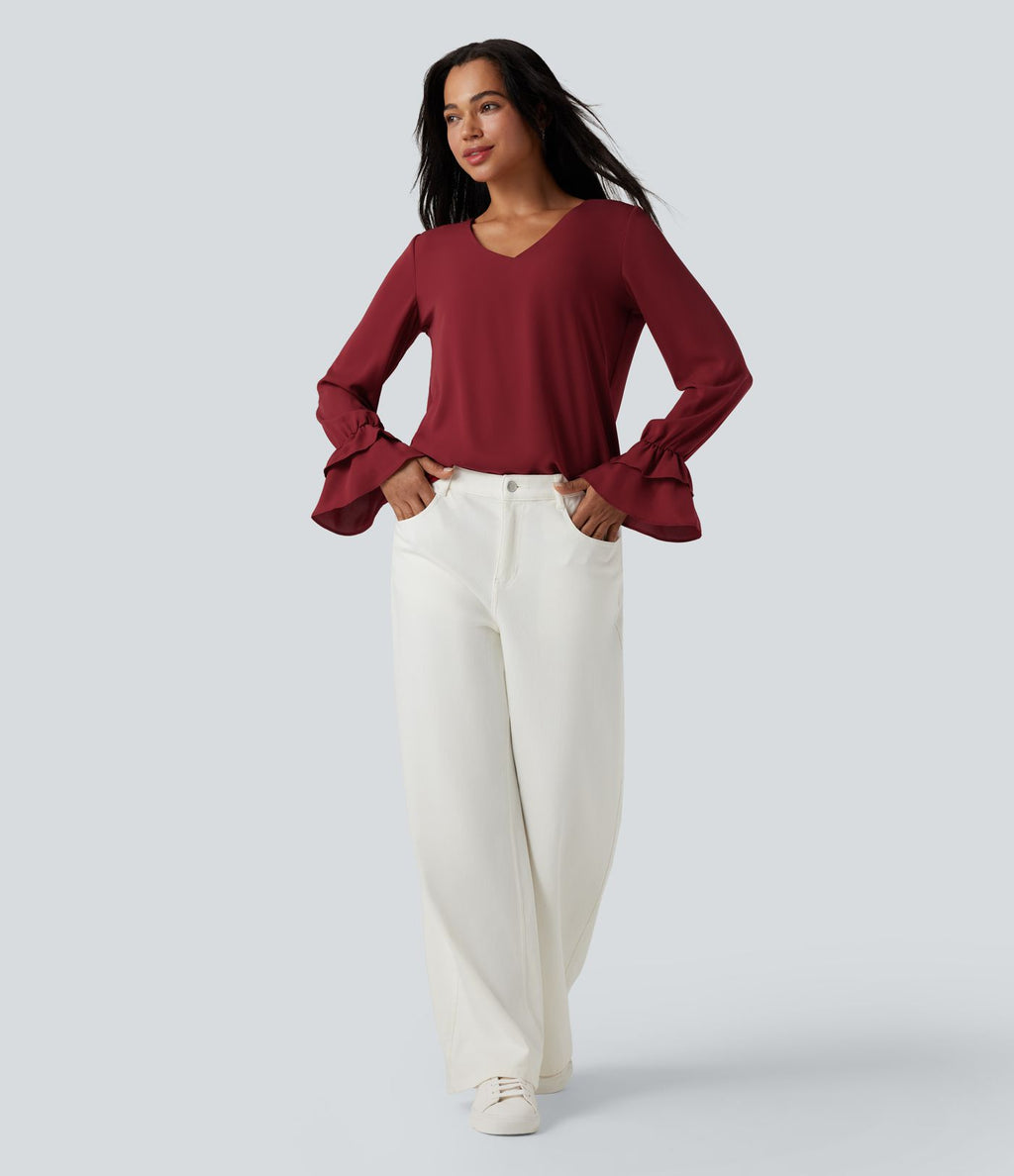 Blouse col V à volants manches longues