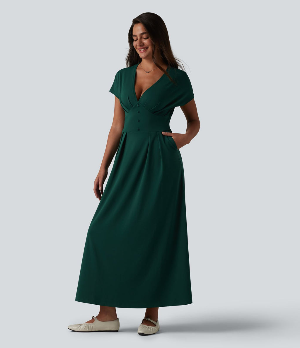 Robe midi à manches courtes chauve-souris et col en V avec poches