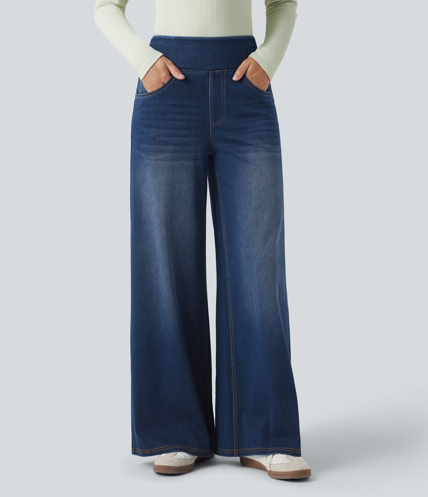 Jean décontracté Halara Flex™ large taille haute effet délavé avec poches
