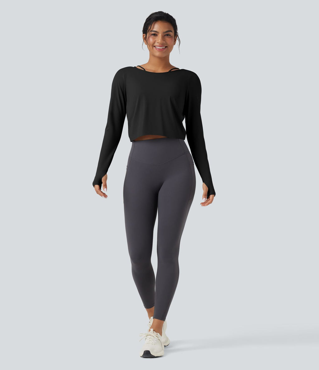 Top de sport yoga SoftlyZero™ QuickDry 2-en-1 dos nu torsadé manches longues avec trous pouces