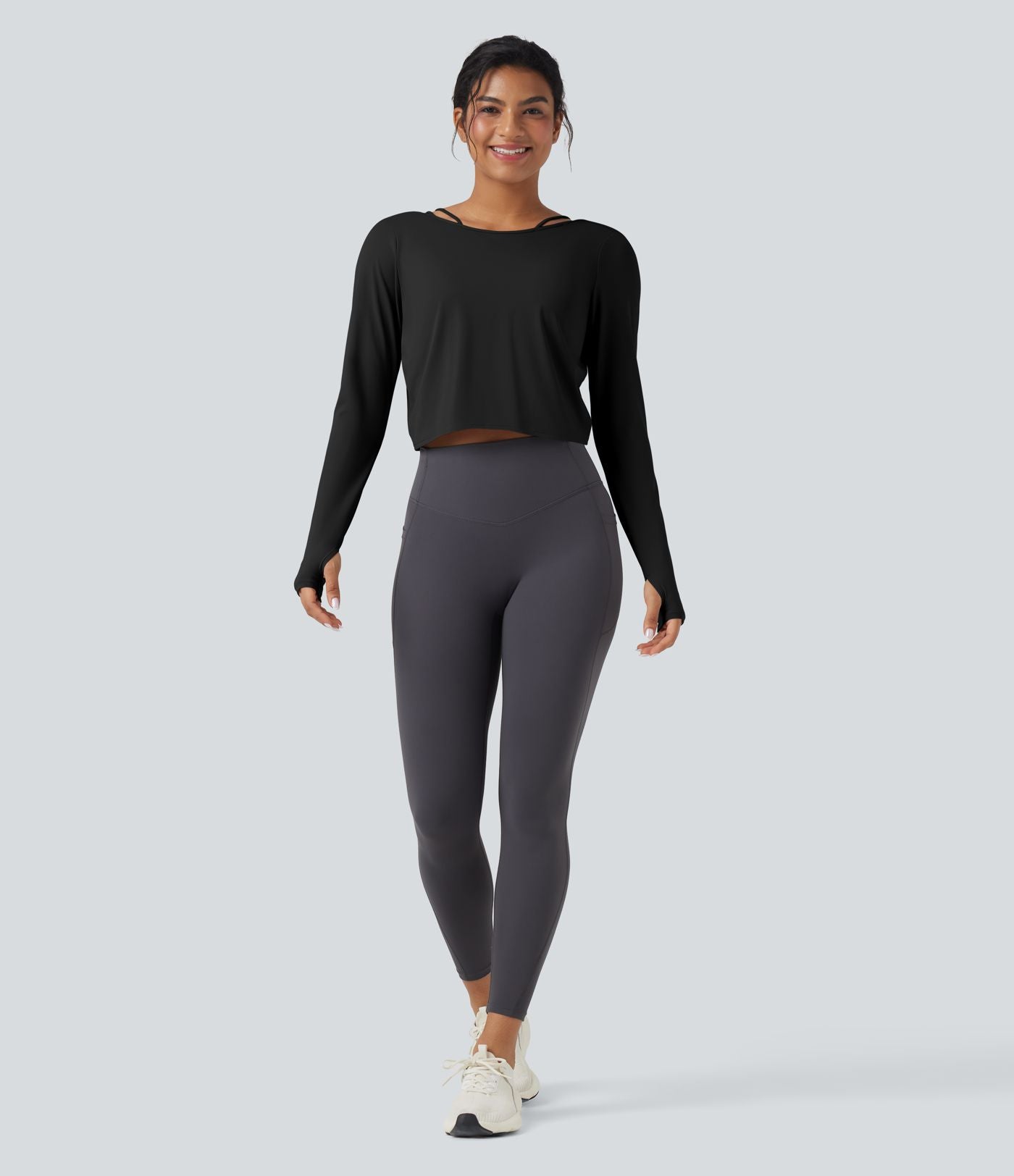 Top de sport yoga SoftlyZero™ QuickDry 2-en-1 dos nu torsadé manches longues avec trous pouces
