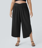 Breezeful™ Pantalon de Vacances Grande Taille Taille Haute avec Découpe Croisée Plissé Poche Latérale Fente et Séchage Rapide