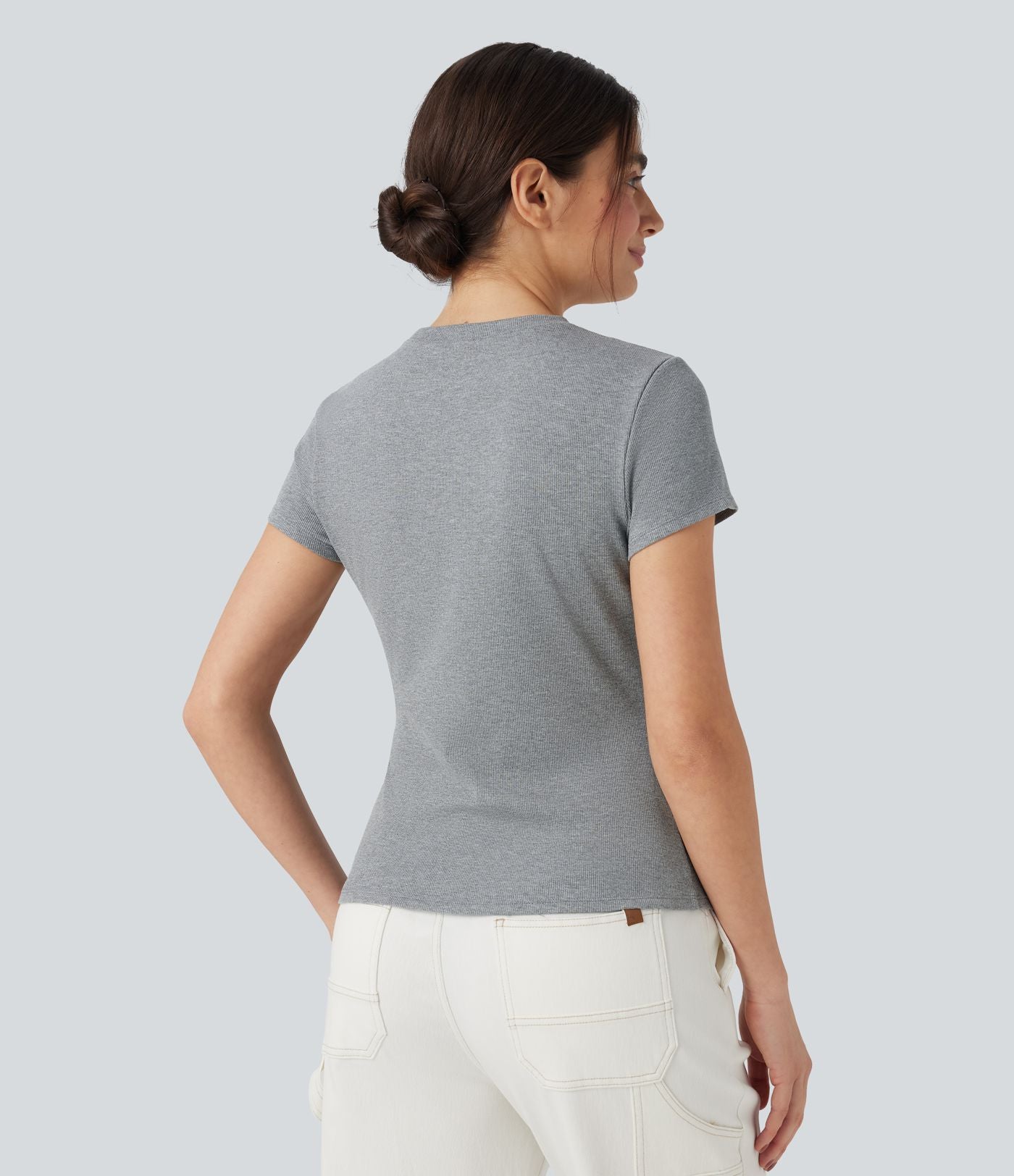 T-shirt décontracté ajusté maille côtelée col rond manches courtes