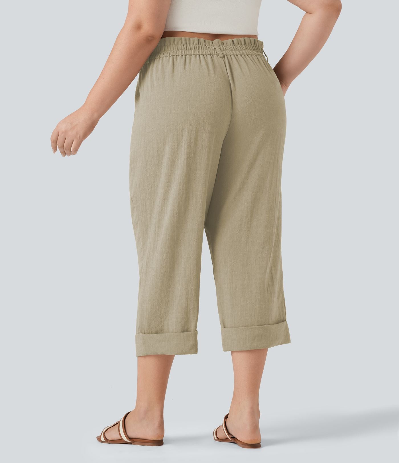 Pantalon de villégiature capri effet lin, grande taille, taille haute, avec poches