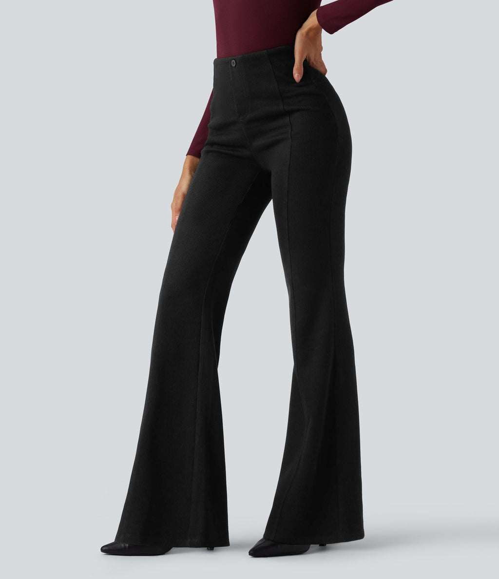 Pantalon  taille haute décontracté évasé côtelé gainant
