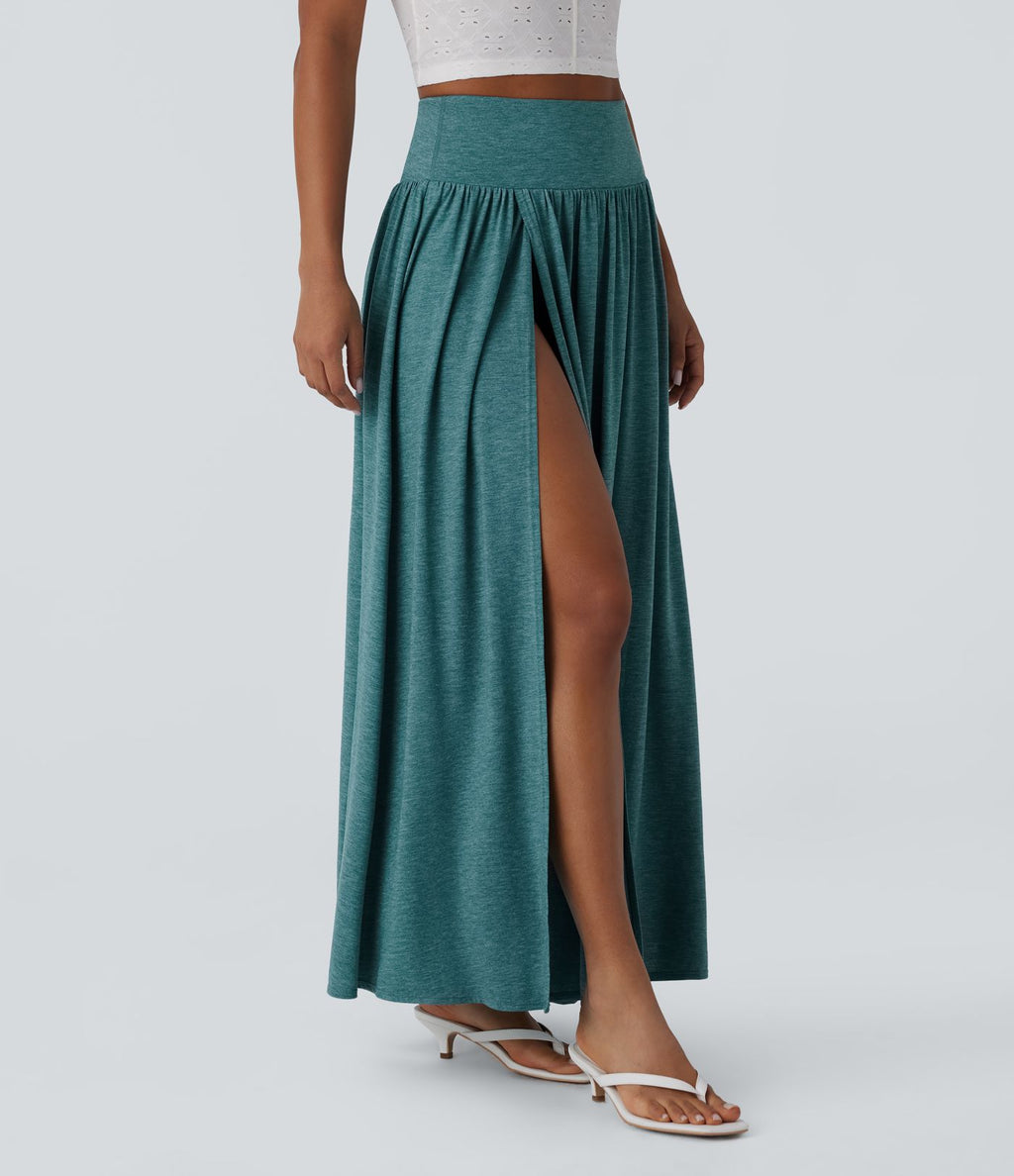 Jupe décontractée maxi fluide 2-en-1 taille haute avec fente