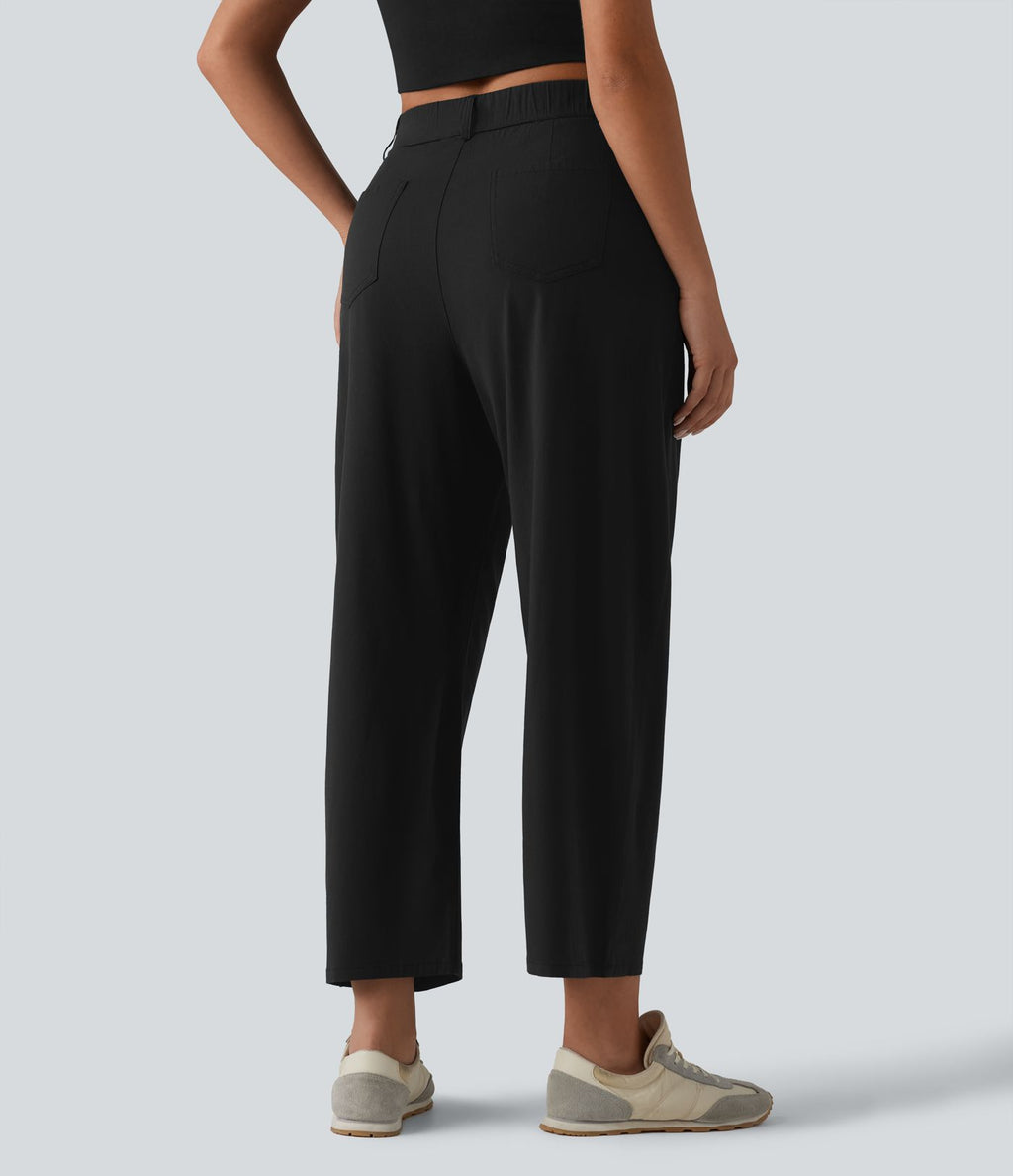 Pantalon casual taille haute en lin stretch coupe barrel avec poches