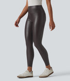 Legging casual 7/8 taille haute ventre plat en similicuir extensible, avec poches