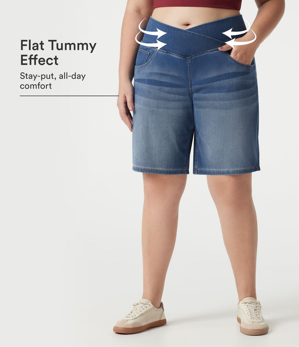 Short baggy grande taille en jean Halara Flex™ Denim taille haute croisée, effet ventre plat, avec poches