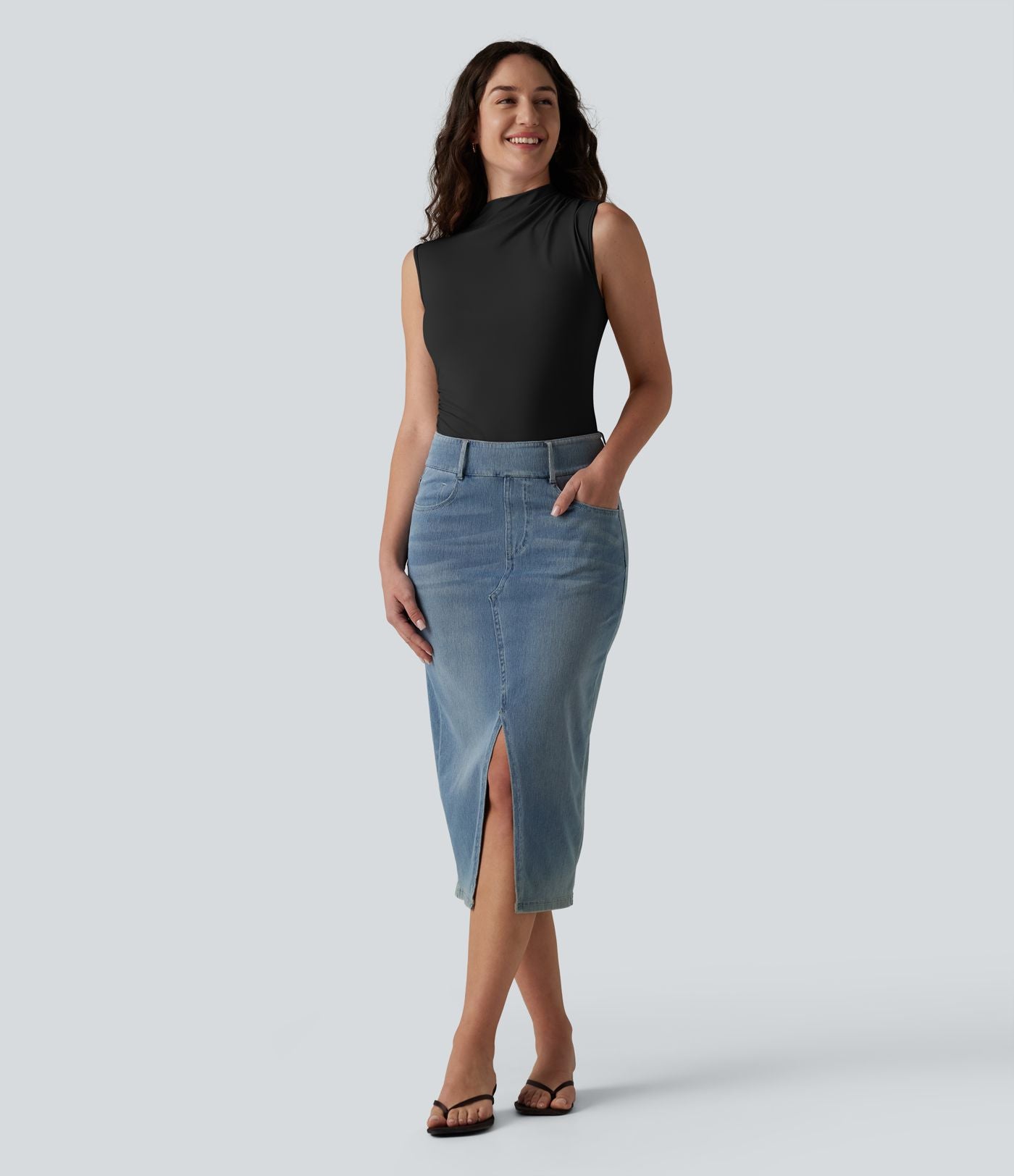 Body casual col cheminée sans manches avec fronces