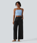 Pantalon large décontracté taille haute aspect lin avec poches